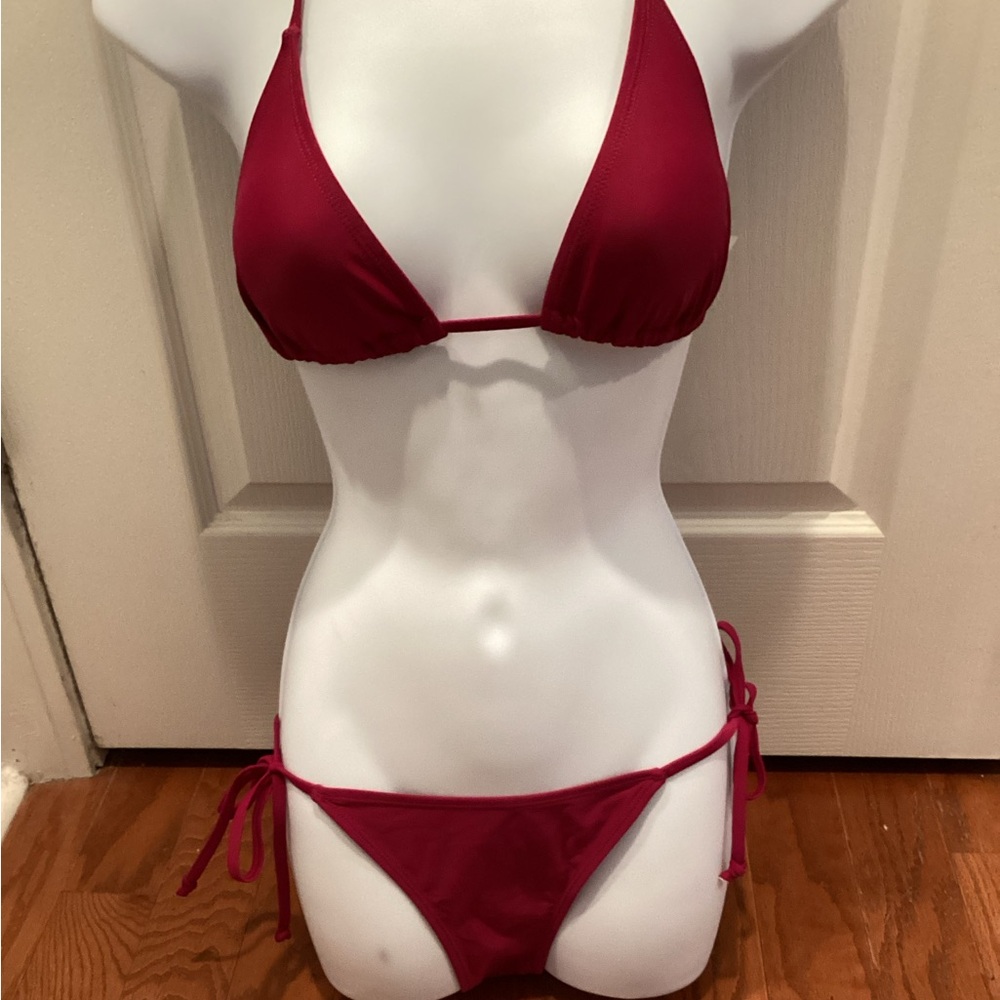 Adjustable Crimson Triangle String Bikini - Burgundy Two-Piece Swim Set